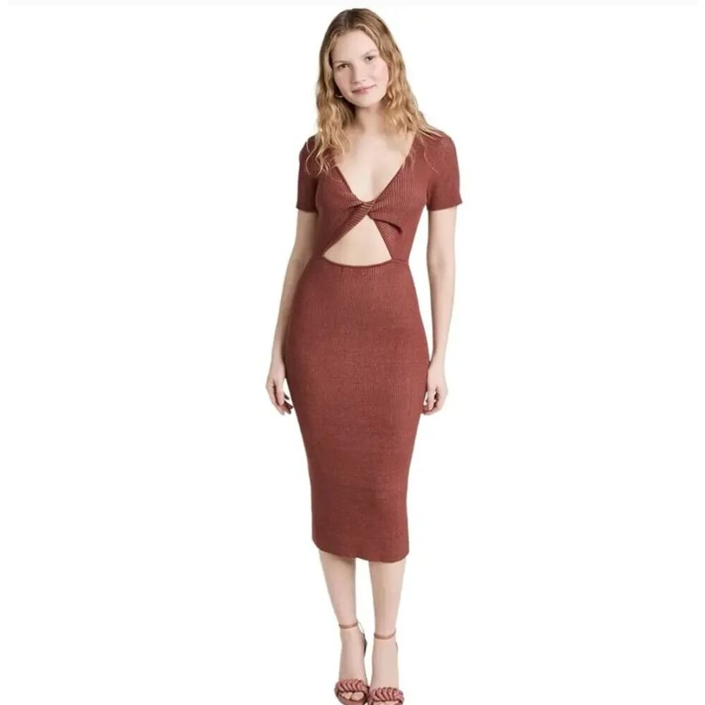 Naadam Dress XS Ribbed Reversible Twist Sweater Bodycon Midi Brick Minimalist